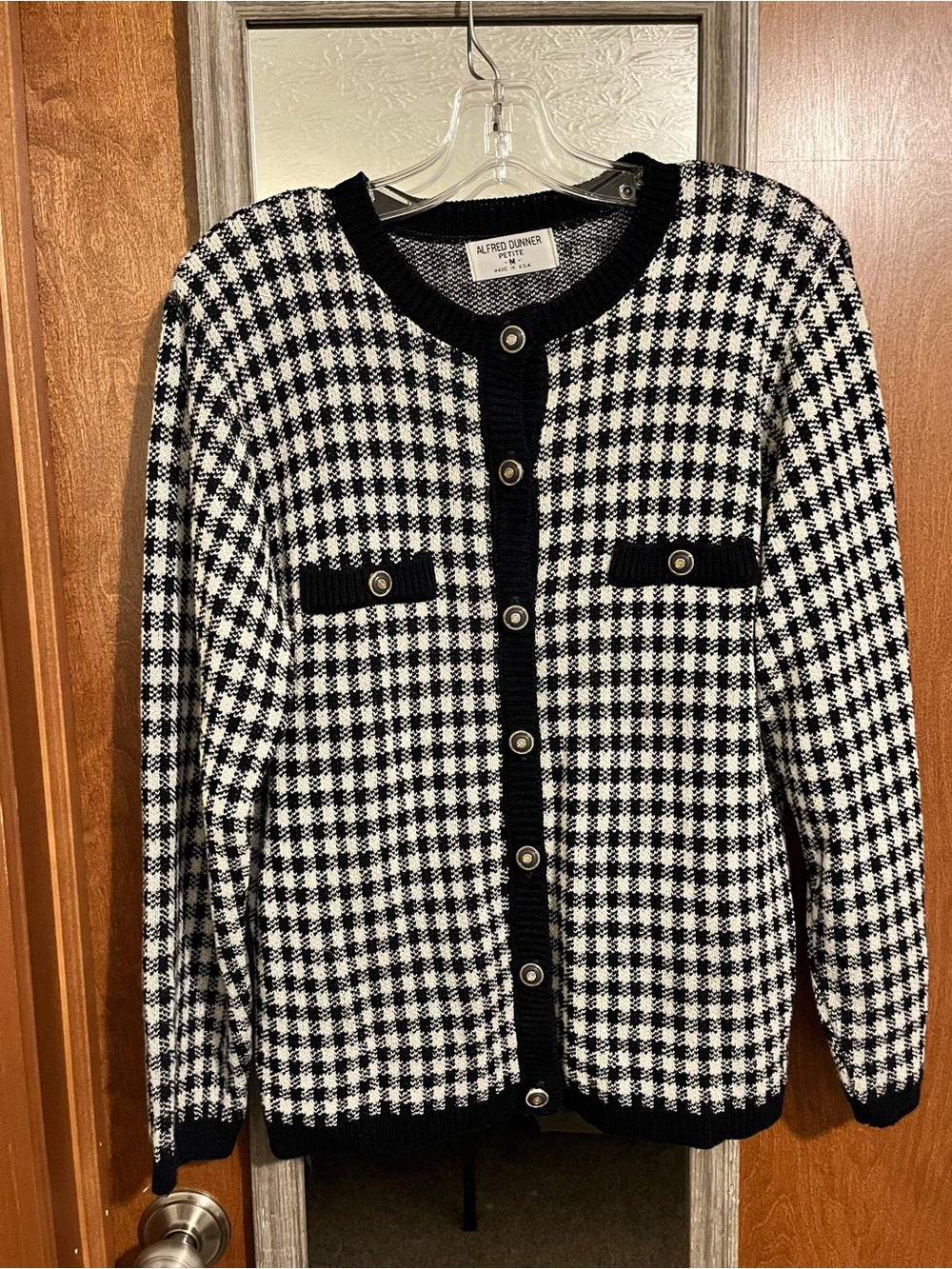 Vintage Navy & White Houndstooth Knit Cardigan Sweater - Picture 2 of 4